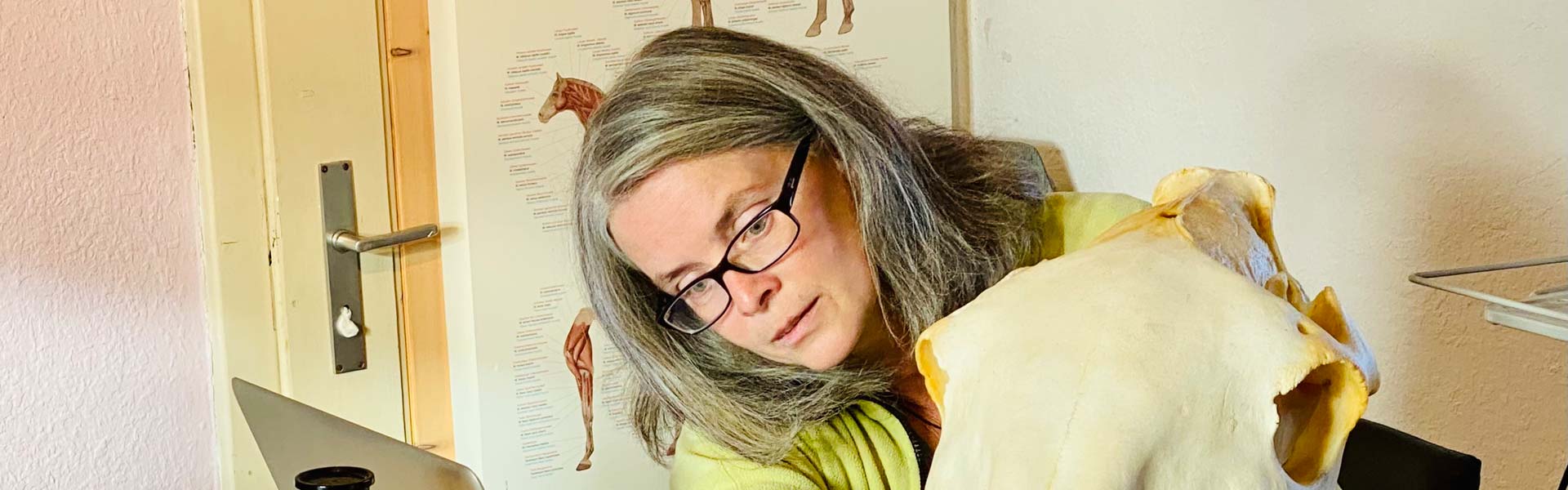Heike Herrmann mit einem Pferdeschädel an dem sie Craniosakrale Therapie erklärt.